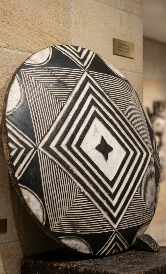 Bamileke tribal shield tribal shield (or Cameroon battle shield), commonly used today as African tribal wall art. A perfectly circular, slightly convex platter hand-sculpted from a single piece of dense hardwood.