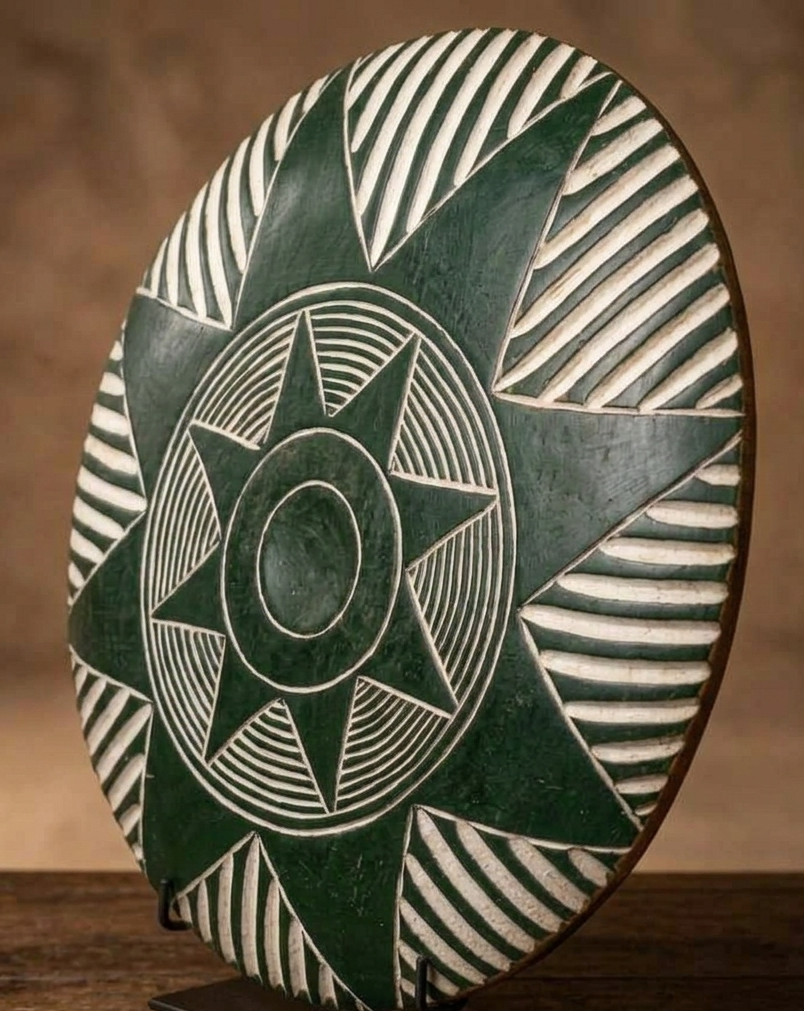 African carved wooden sun shield heavily inspired by the traditional craftsmanship of the Bwa and the Bamileke tribe of Cameroon from the Burkina Faso  people