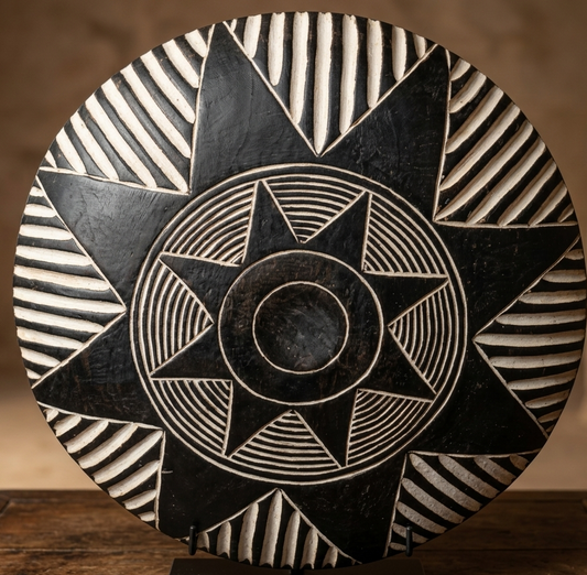 African carved wooden sun shield heavily inspired by the traditional craftsmanship of the Bwa and the Bamileke tribe of Cameroon from the Burkina Faso  people